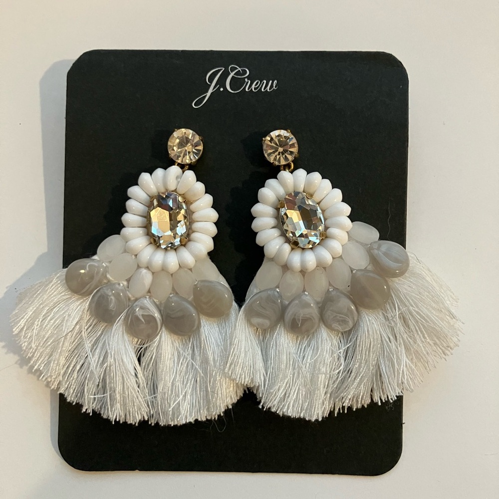 J. Crew Crystal and Fringe Earrings in White and Gray